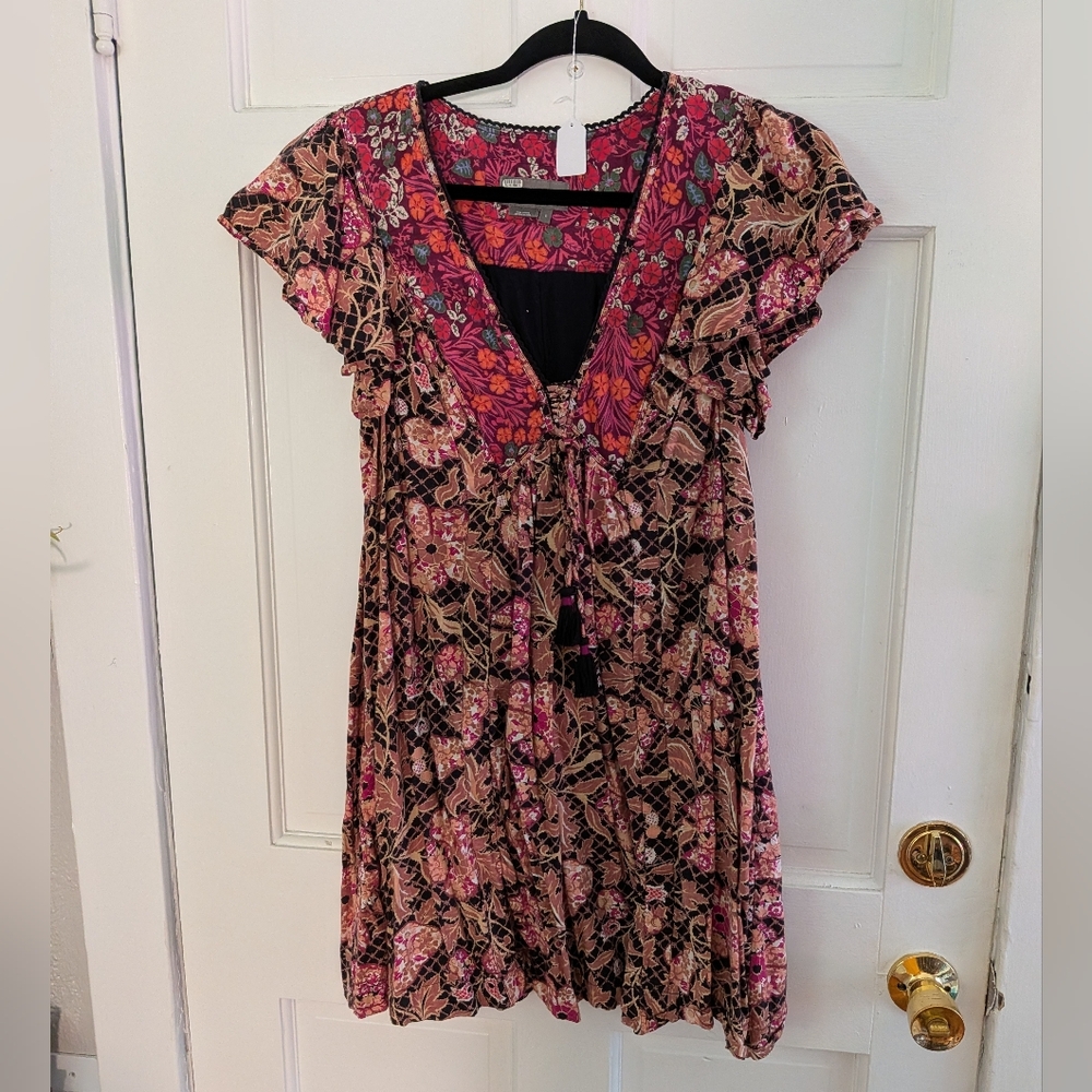 Anthropologie Ruffled Floral Mini Dress Pink Black Boho Tunic Dress - Picture 2 of 4
